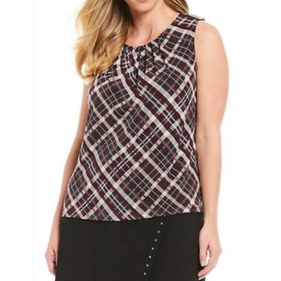 NEW Calvin Klein Plaid Jersey Pleat Neck Top Size‎ 2X Shell Blouse Bohemian NWOT - Picture 1 of 7